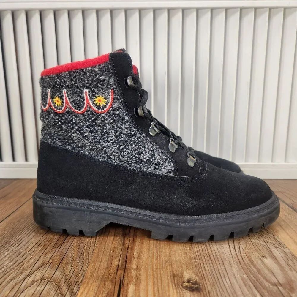 L.L. Bean Virgin Wool Made in Italy Womens Sz 7 M Black Embroidered Ankle Boots